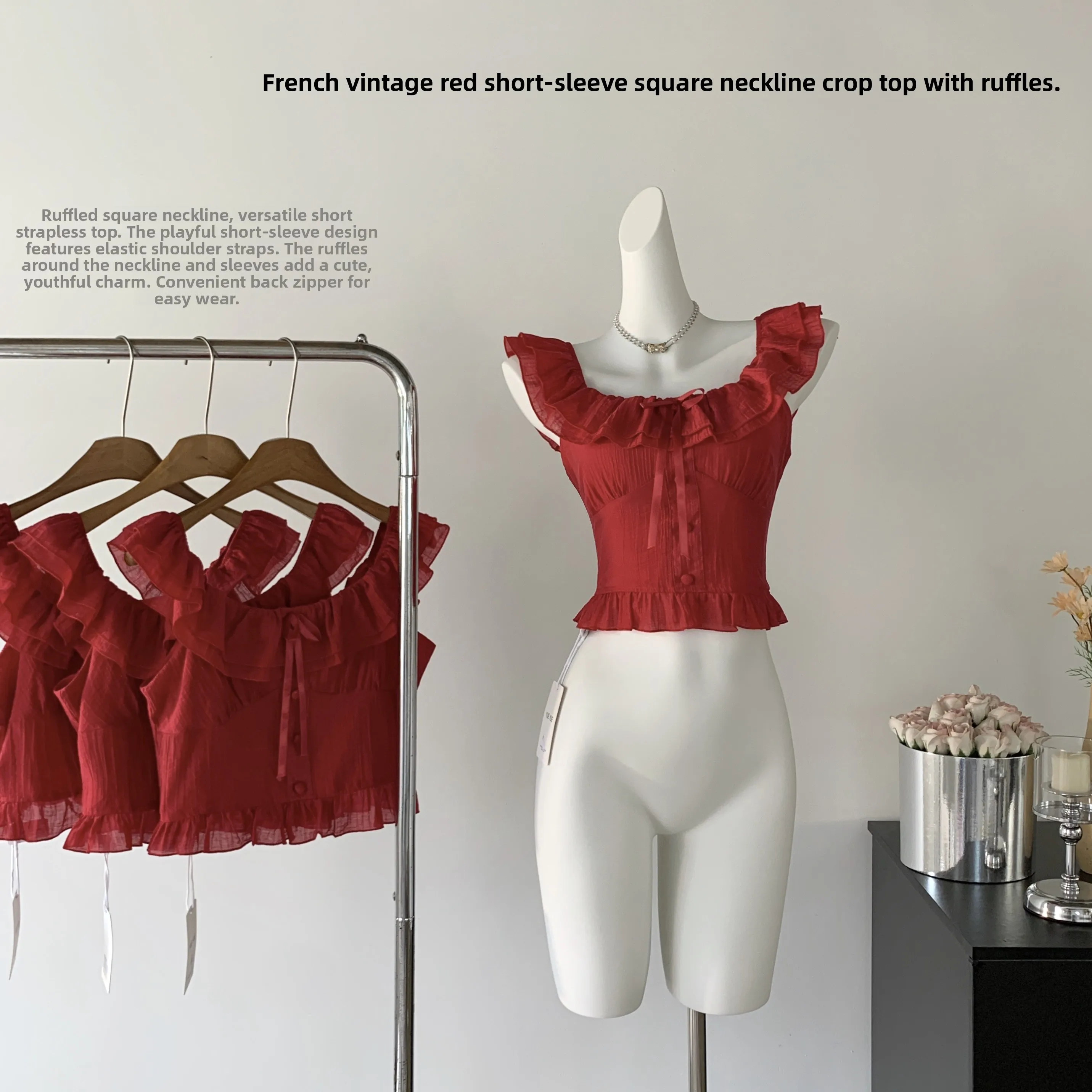 Lin Xiaxia Red ort المحاصيل الأعلى المرأة الصيف خمر ساحة طوق Svel سترة تنفس الدانتيل irt تخفيف Sle طويل S...