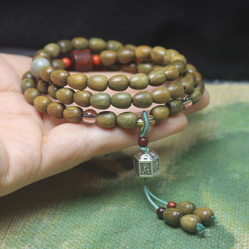 

Green Sandalwood Water Drop Multi-Circle Buddhist Bead Bracelet with Six-Character Mantra Pendant, Elegant Women's Jewelry, Medi