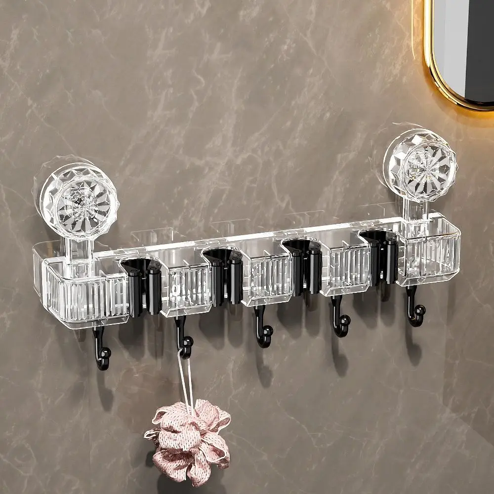 4 Position Suction Cups Wall Clip 5 Hooks Reusable Mop Hanging Rack Strong Suction Waterproof Suction Wall Mount Bracket Kitchen