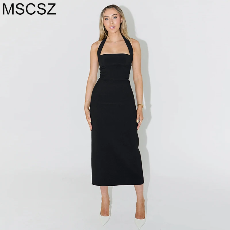 MSCSZ Elegant Black Long Dress Women Halter Backless Bodycon Midi Dress Fashion Sexy Summer Party Dresses