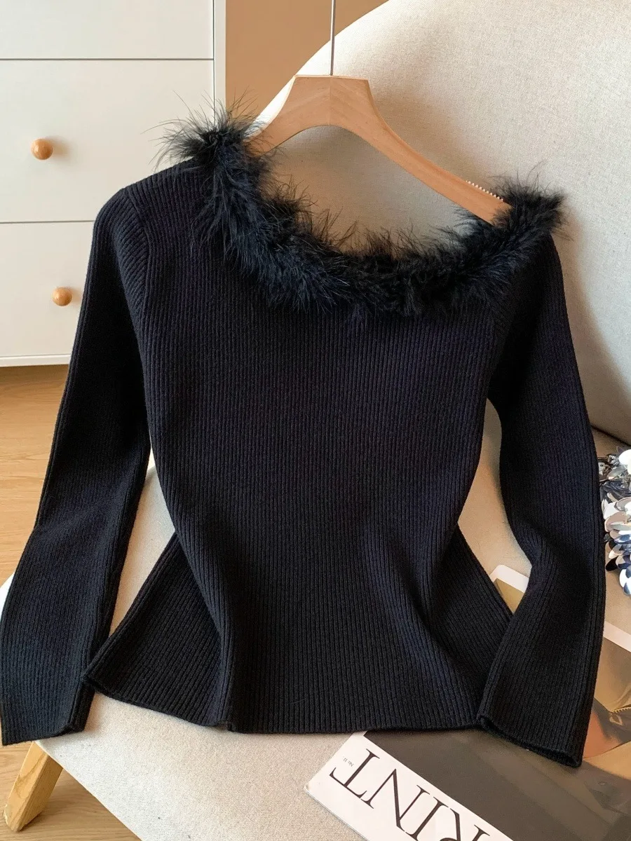 Herbst Winter Damen Gestrickte Lange Sve Oulder Bared Faion High End Kleine Luxus Tonfarbe Blo Strickwaren Pendeln Sle