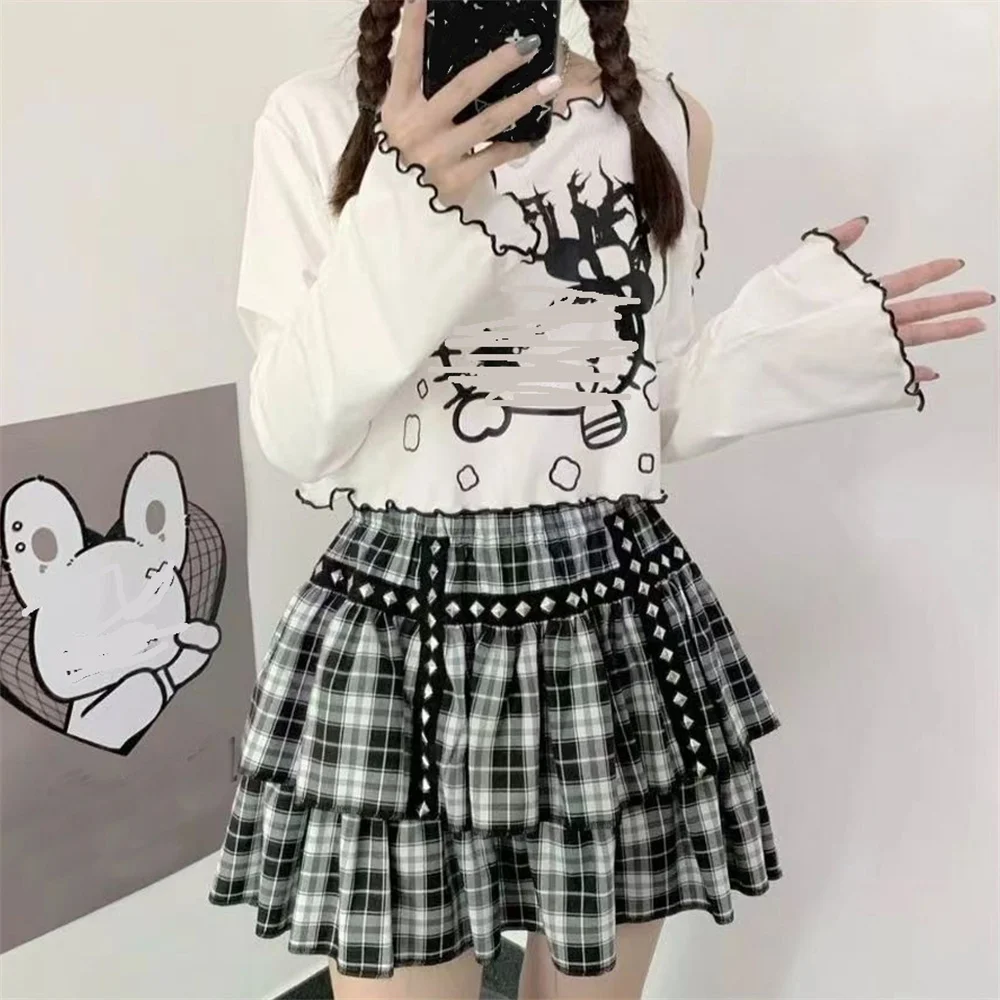 

Subculture Black White Plaid Print Mini Gothic Kpop Casual Skirt 2000s Y2k Rivet Punk Style 2 Layer High Waist A Line Cake Skirt