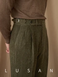 Autumn and Winter Men's High Waist Slim-fit Cropped Pants Vintage Chennel Velvet Soft Waxy Warm Trendy Men's Pants