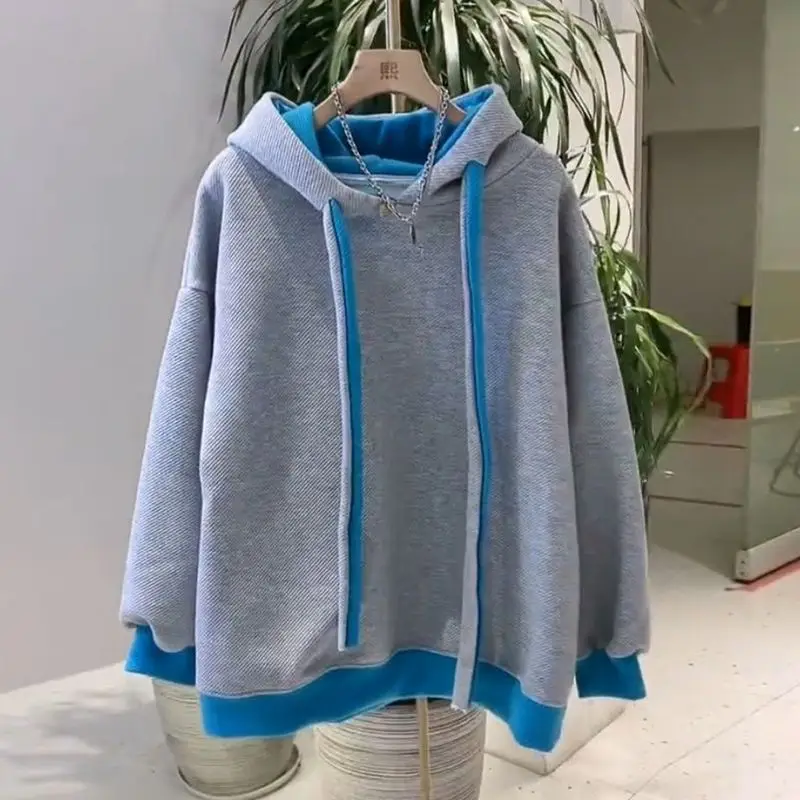 Loose Baggy Warm Women\'s Hooded Sweatshirts Blue Female Top Thick Hoodies Cold Autumn and Winter Contrasting Colors 90s Vintage