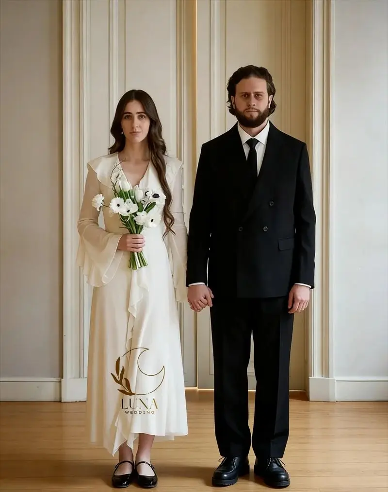 Luna Customized Chiffon French Civil Wedding Dresses 2026 New V-Neck Flare Sleeves Bridal Party Dresses Simple Classic Style