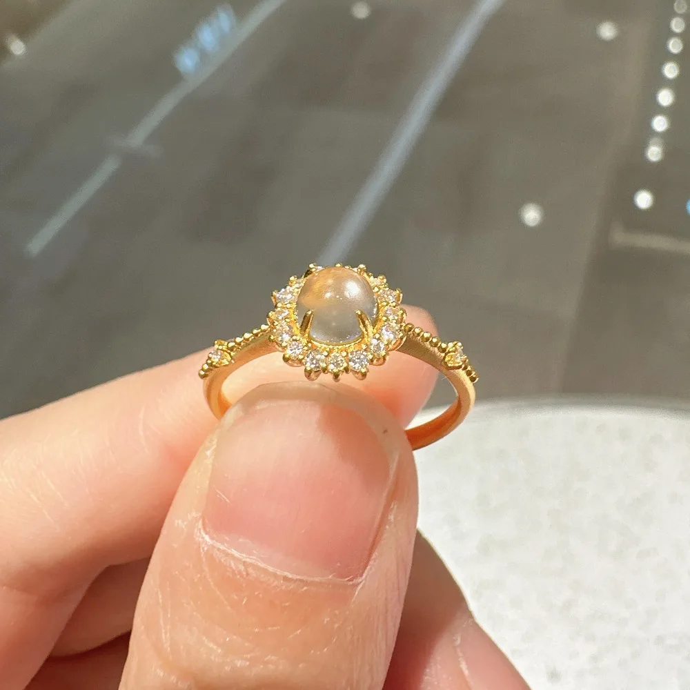 925 Sterling Silver Ice Transparent Egg Imitation White Chalcedony Halo Zircon Adjustable Rings for Women New Chinese Jewelry