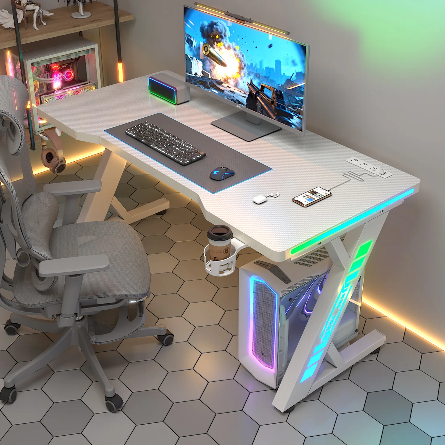Gaming table Desktop computer desk Home desk Bedroom table Learning writing desk with ambient light Desktop rechargeable