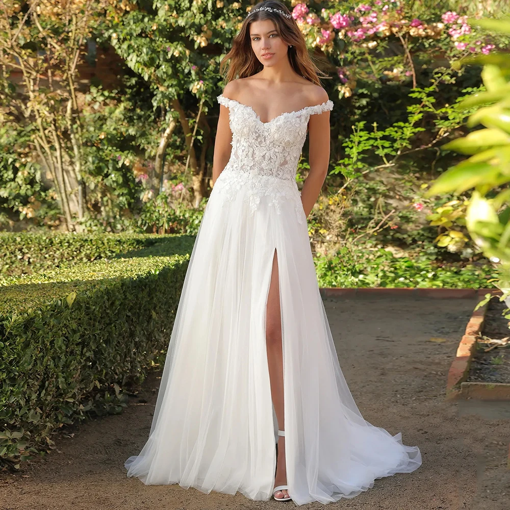 

Classic A-line Side Slit Tulle Button Back Wedding Dress Sexy Sweetheart Appliques Off the Shoulder Bridal Gowns Sweep Train