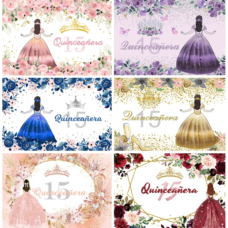 15 Quinceanera Backdrop 15th Birthday Decorations for Girls Party Crown Flowers Pink Blue Purple Background Banner Personalised