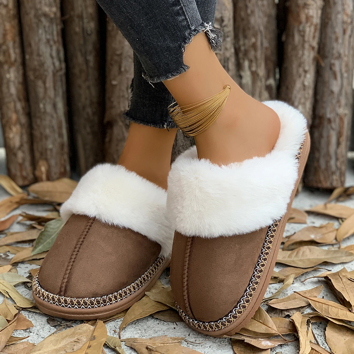 Autumn Winter Fashion Faux Fur Slippers Women Closed Toe Soft Sole Cotton Slides Woman Cozy Warm Fluffy Plush Flat Home Slippers