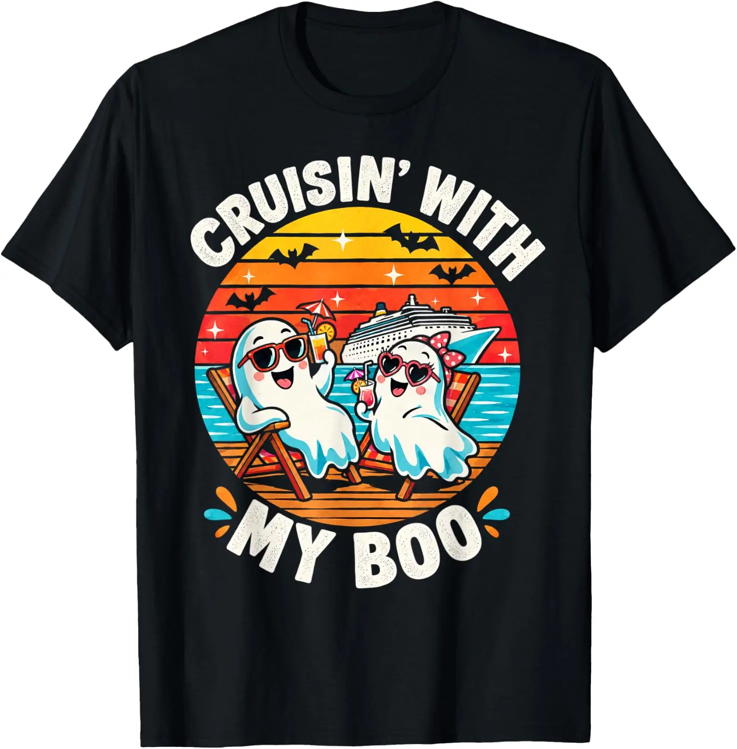 Cruisin' With My Boo Halloween Couples Trip Cruise Love T-Shirt Breathable, heavyweight pure cotton short-sleeve top—stylish, plus-size, and suitable for year-round wear with a sporty, casual vibe