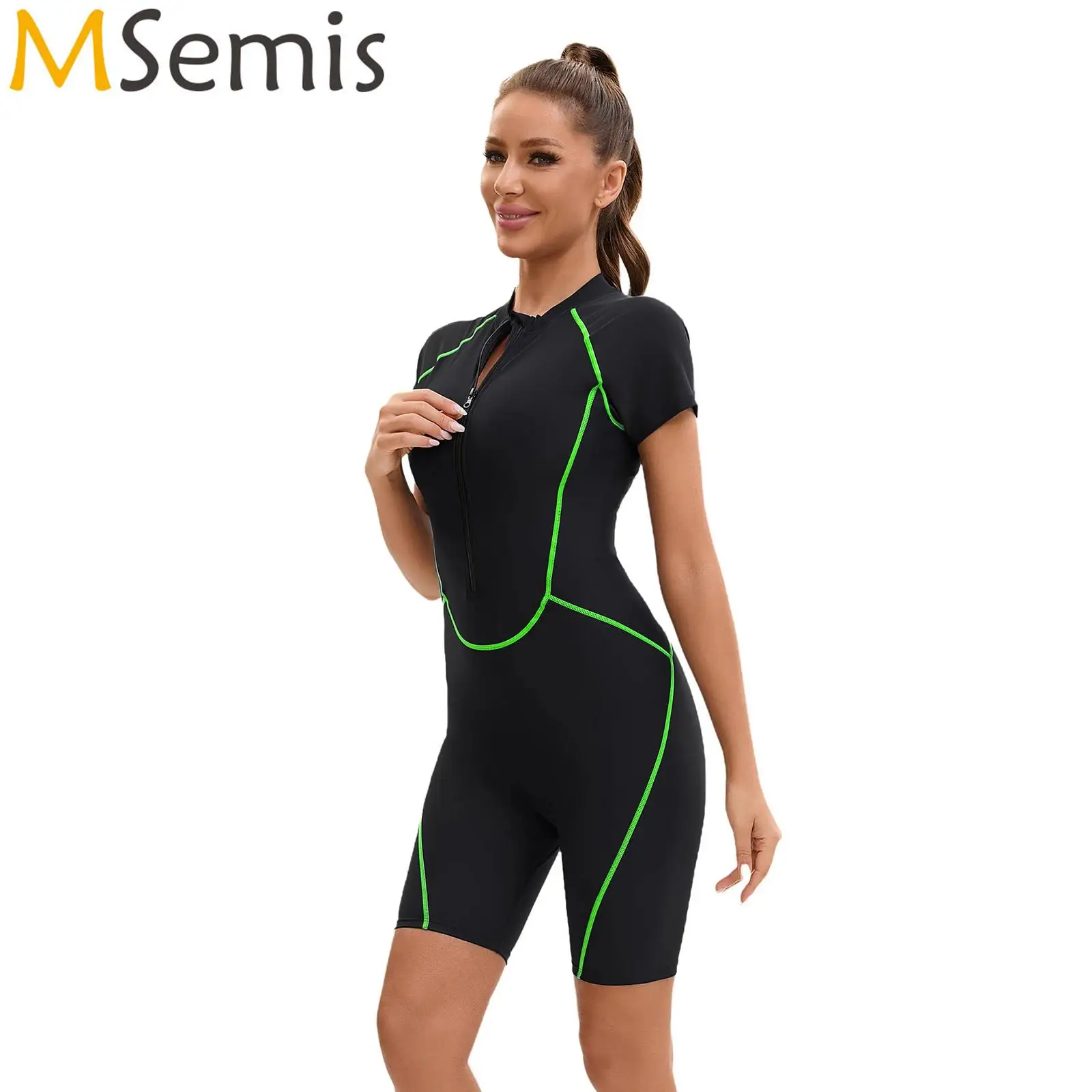 Womens One Piece Athletic Swimsuit Short Sleeves Removable Pads Front Zipper Sports Swimwear Wetsuit Beachwear Bathing Suit