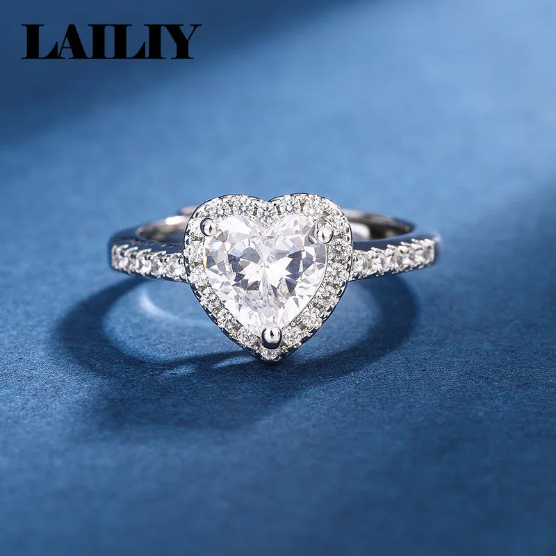 Women's 925 Sterling Silver Adjustable Pink Heart Diamond Ring
