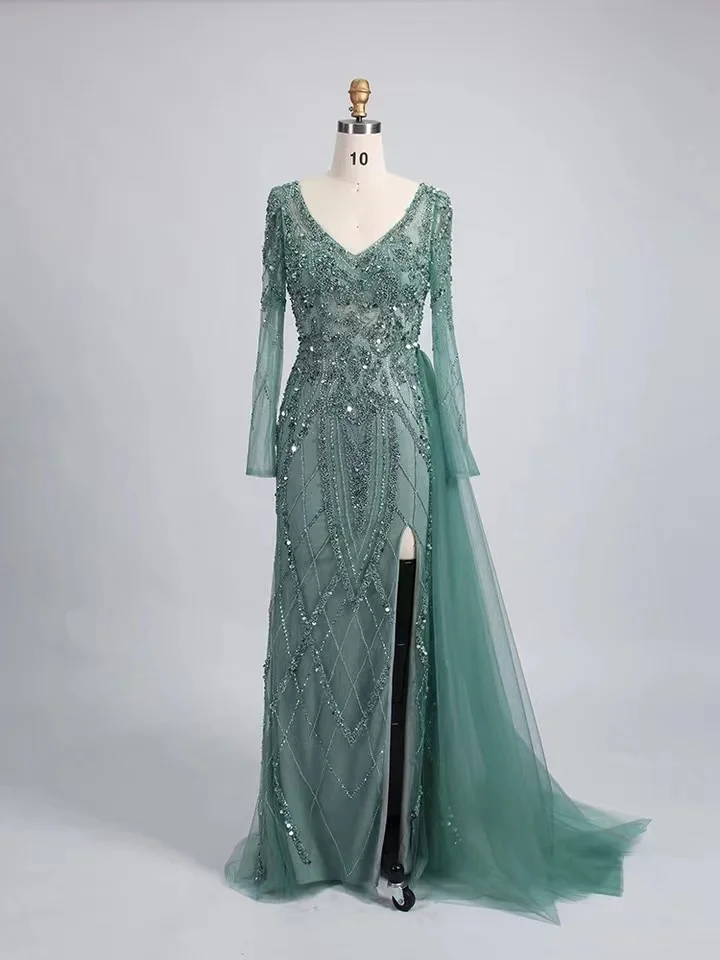 

Turquoise Green Mermaid Long Sleeves Evening Dress with Overskirt High Slit Luxury For Women Wedding Formal Party Gowns HO1825