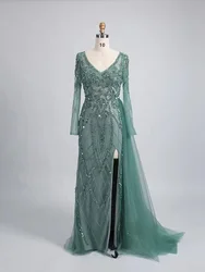 Turquoise Green Mermaid Long Sleeves Evening Dress with Overskirt High Slit Luxury For Women Wedding Formal Party Gowns HO1825