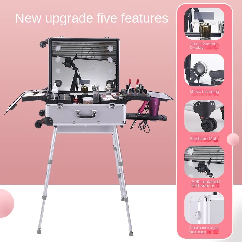 Aluminum Alloy Bluetooth Trolley Case for Makeup Artists Foldable Multifunctional Tattoo Beauty Toolbox Lights Tie Rod Cosmetic