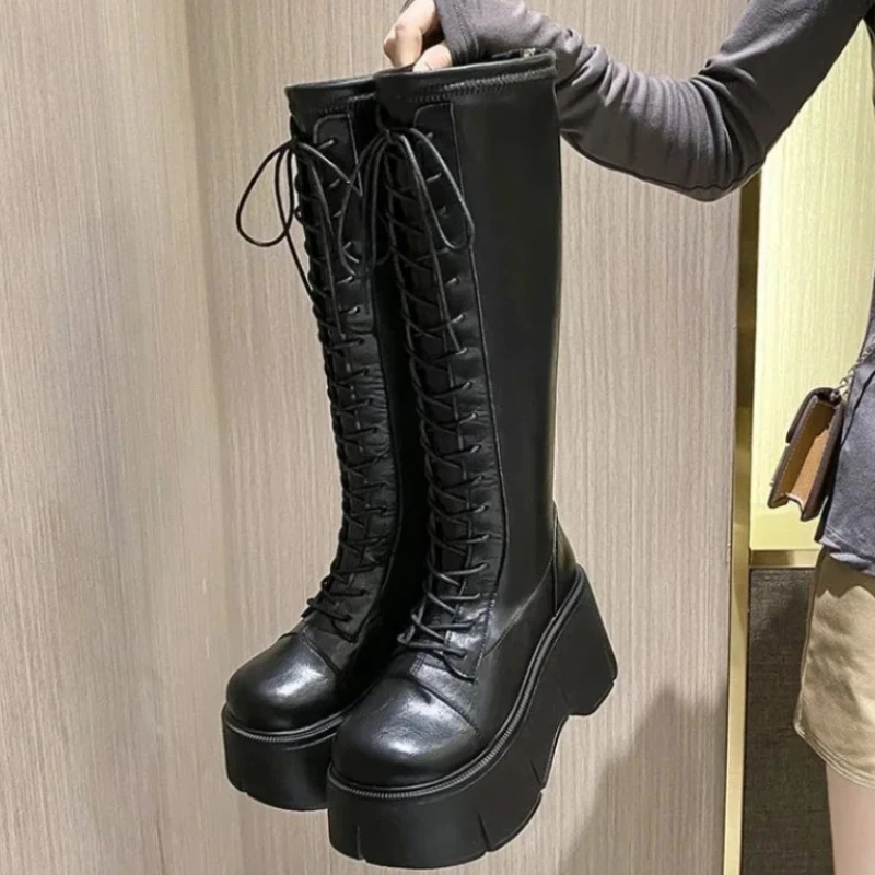 

Зимние теплые женские ботинки до середины икры на шнуровке с круглым носком и молнией сзади, ботинки на платформе из мягкой кожи, женские ботинки челси на толстой подошве