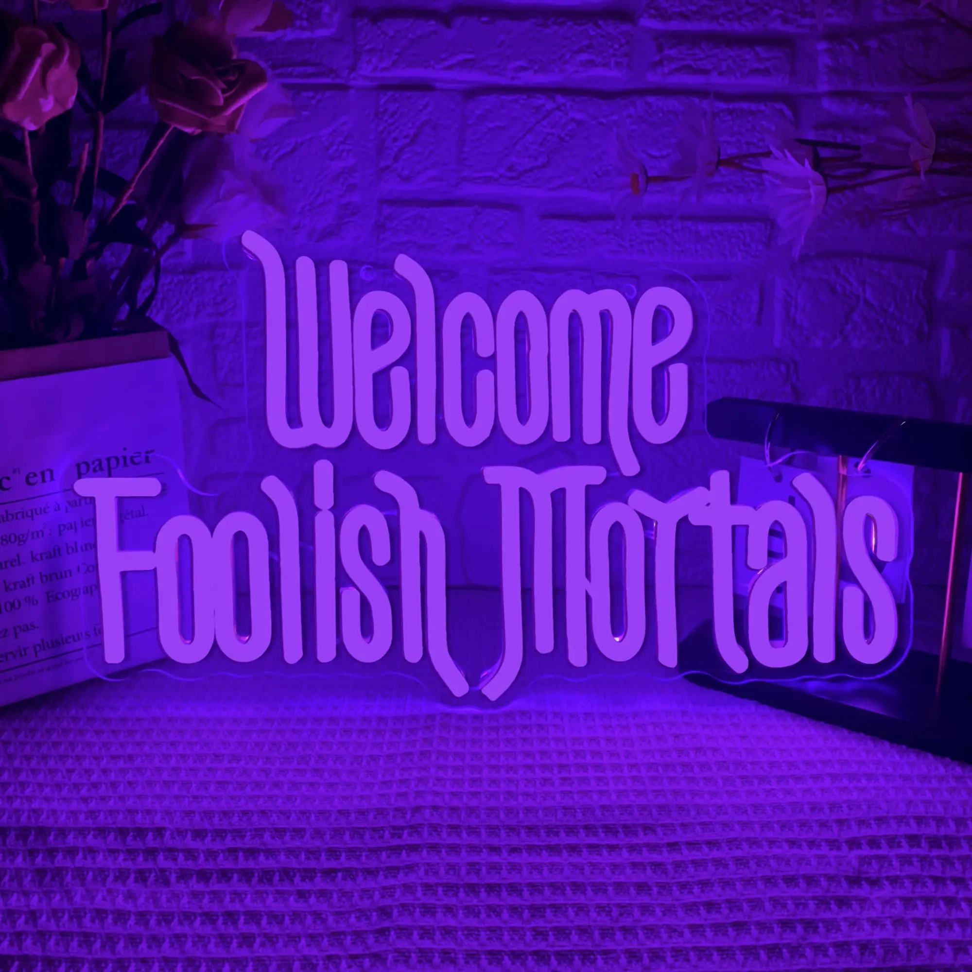 Custom Welcome Foolish Mortals Neon Light Wall Art for Gothic Spooky Room Halloween Party Haunted Mansion Purple Decor Gift
