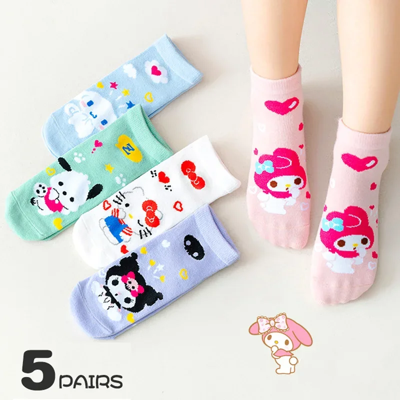 5 Pairs Melody Socks for Girls Kuromi Cartoon Cinnamoroll Short Socks for Boys Hello Kitty Anime Figures Cute Cotton Boat Socks