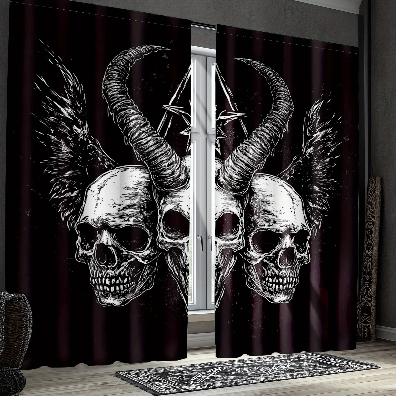 2pc Gothic Raven Skull & Goat Head Curtains – Sheer Rod Pocket for Bedroom & Kitchen – Stylish Curtain Theme