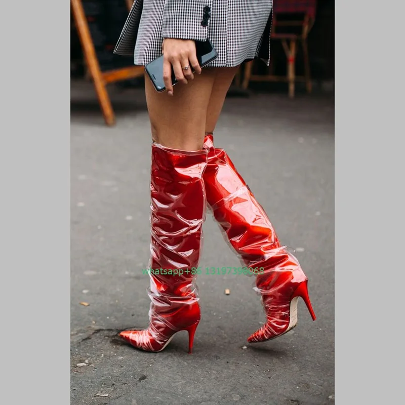 Lady red white PVC transparent design knee boots pointed toe solid color pointed toe stiletto heel boots  runway daily PVC boots