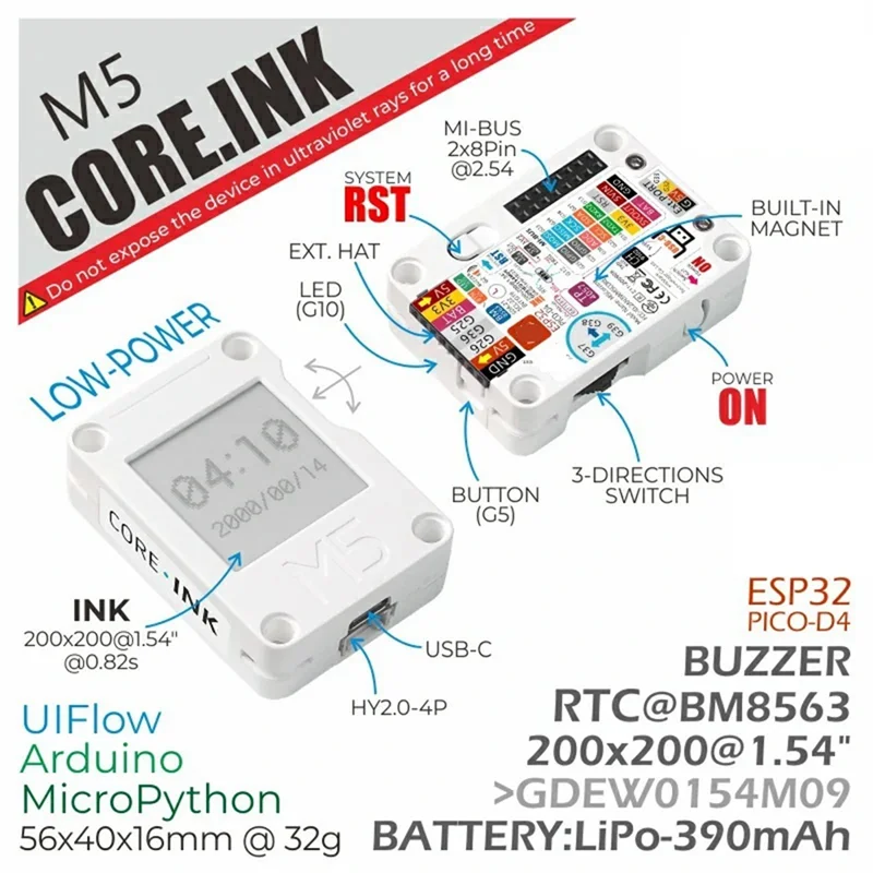 Pembaca E-Book Andal Kompatibel ESP32-PICO-D4 Untuk M5stack Coreink Layar E-Ink 1.54 Inci Papan Pengembangan 200X200 Untuk IoT