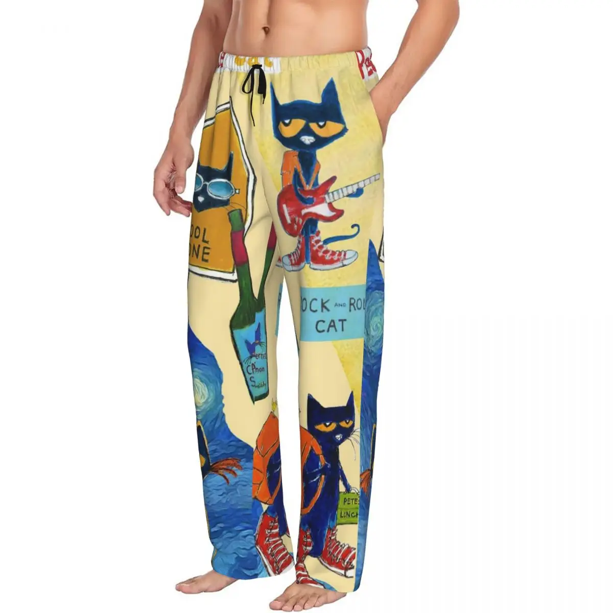 Custom Pete The Cat Pajama Pants Men Sleepwear Sleep Lounge Bottoms with Pockets