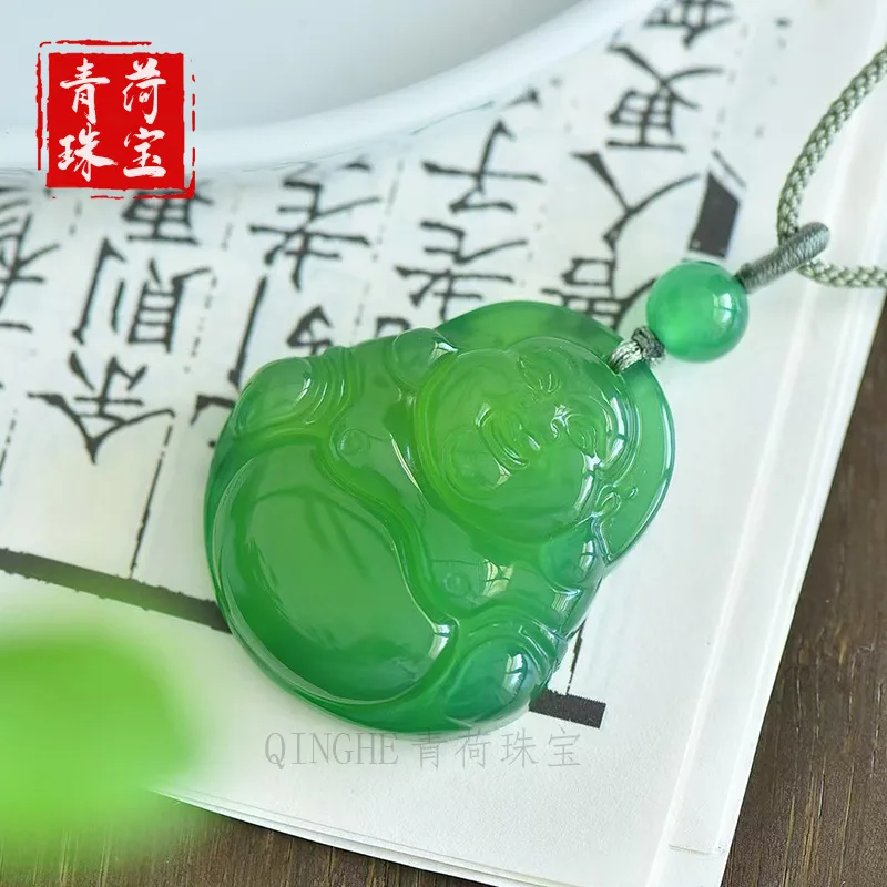 High-quality agate , chalcedony Laughing , imperial green pendant, big-bellied Buddha jade necklace