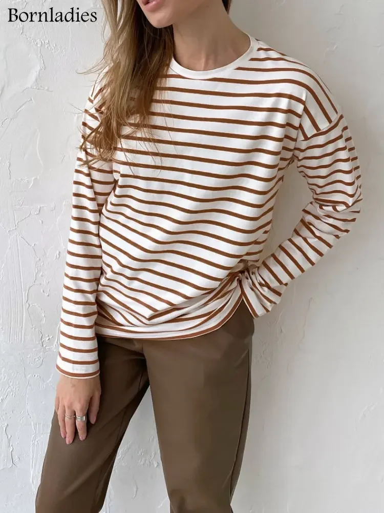 Bornladies 2023 Summer Long Sleeve Striped T-Shirts Women Basic Casual Tops Female Cozy Loose Cotton Tees Harajuku T Shirt New