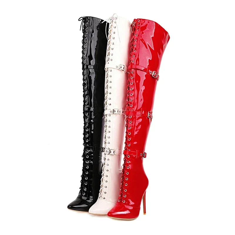 

Women Sexy Cross Tied Thigh High Boots Pointed Toe Thin High Heels Over The Knee Boots Patent Leather Shoes Woman 33-46