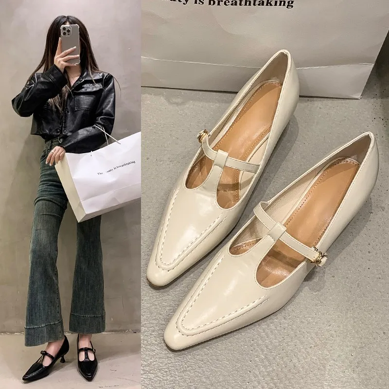 Mode Puntschoen Gesp Hakken Enkele Schoenen Retro Effen Kleur Damesschoenen Medium Hakken Casual Ondiepe Mond Zapatos Mujer