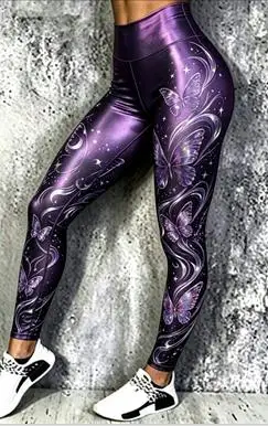 Women Purple Metallic Butterfly Star Print Fleece Lined Leggings Mid Waist High Stretch Yoga Pants