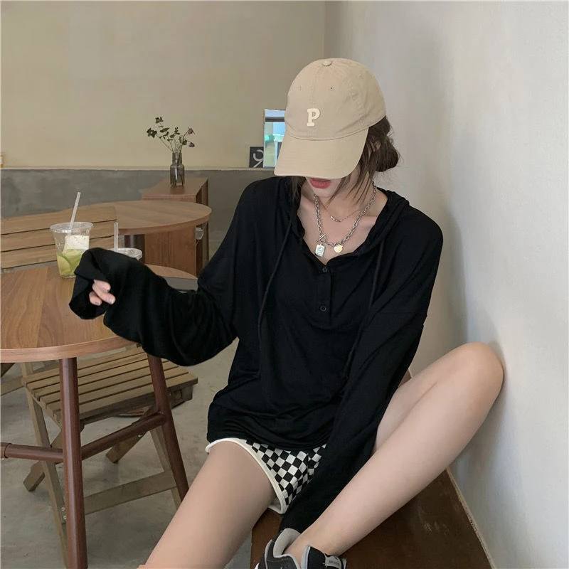 Spring Summer Loose Casual Hoodied T-shirt Ladies Long Sleeve Solid Color Pullover Top Women Oversized All-match Sunscreen Tee