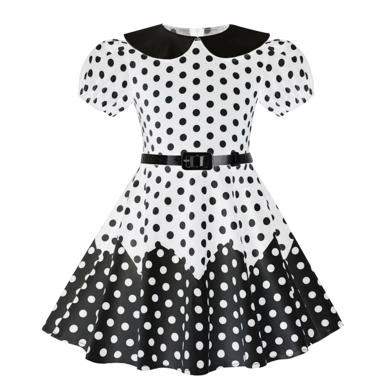 

Kids Girls Vintage Style Dress Lapel Collar Puff Sleeve High Waist A-line Dress Polka Dots Dress with Belt Roleplay Dress Up