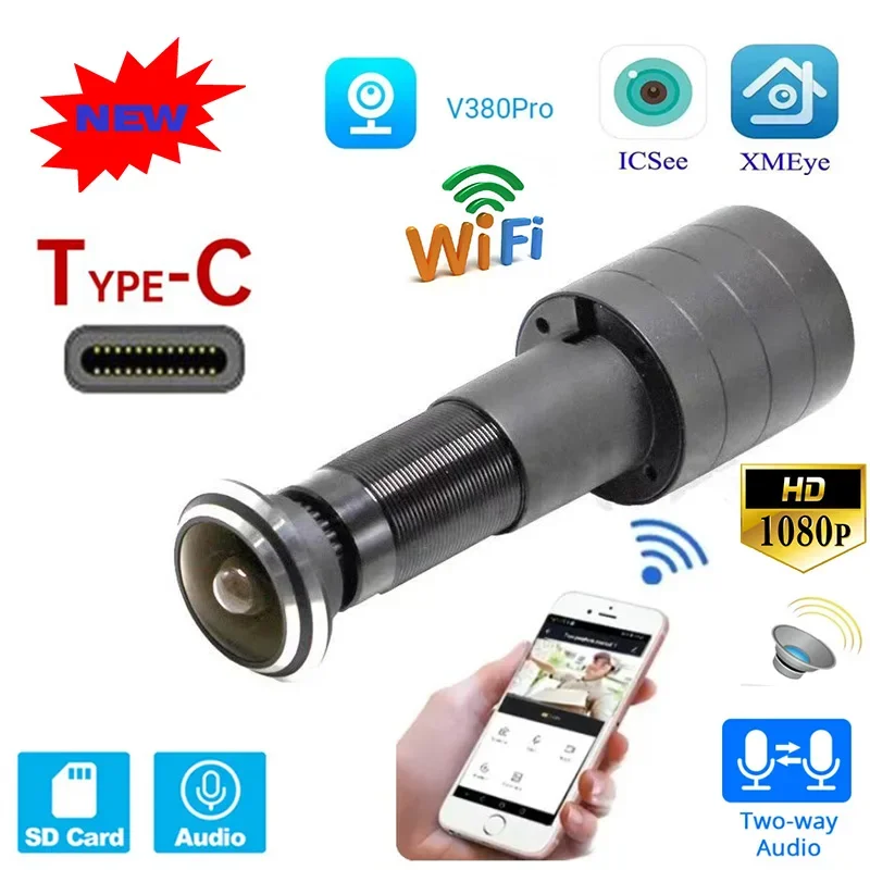 icsee mini camera peephole wifi seguranca eye smart door hole 1080p ip fisheye cctv cartao tf way audio tipo c 5v v380pro 01