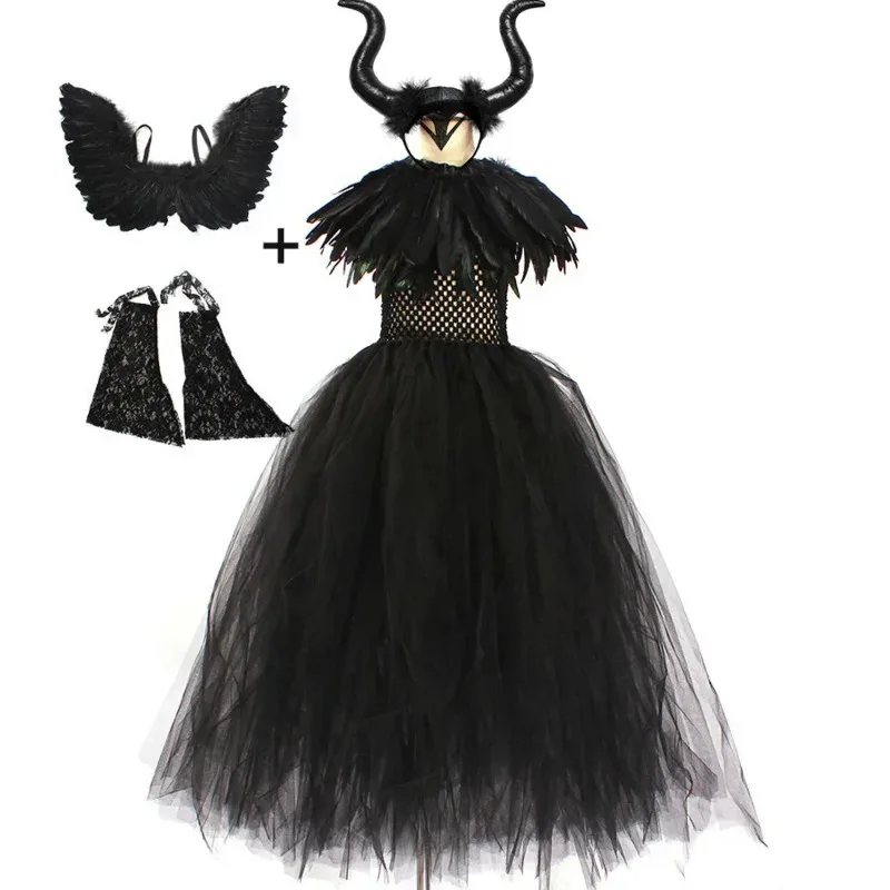 MUABABY Halloween Maleficent Tutu Dress Mistress of Evil Cosplay Costume for Girls Vallain Evil Queen Malefient Clothing Vesidos