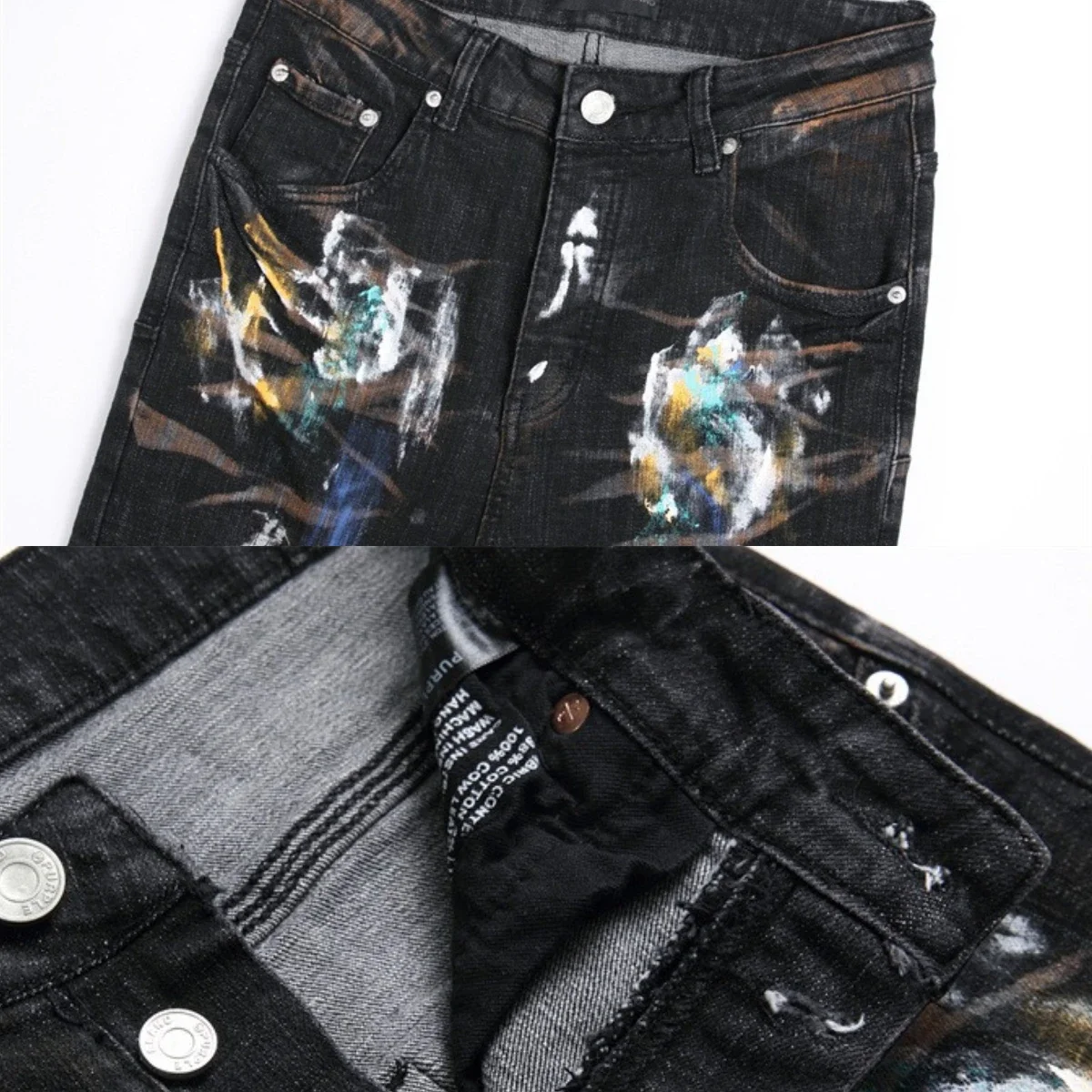 Men's Embroidered Jeans Splatted Ink Perforated Long Pants Spliced Shining Worn Silk Lining High Street Luxury Cotton Slim Fit24