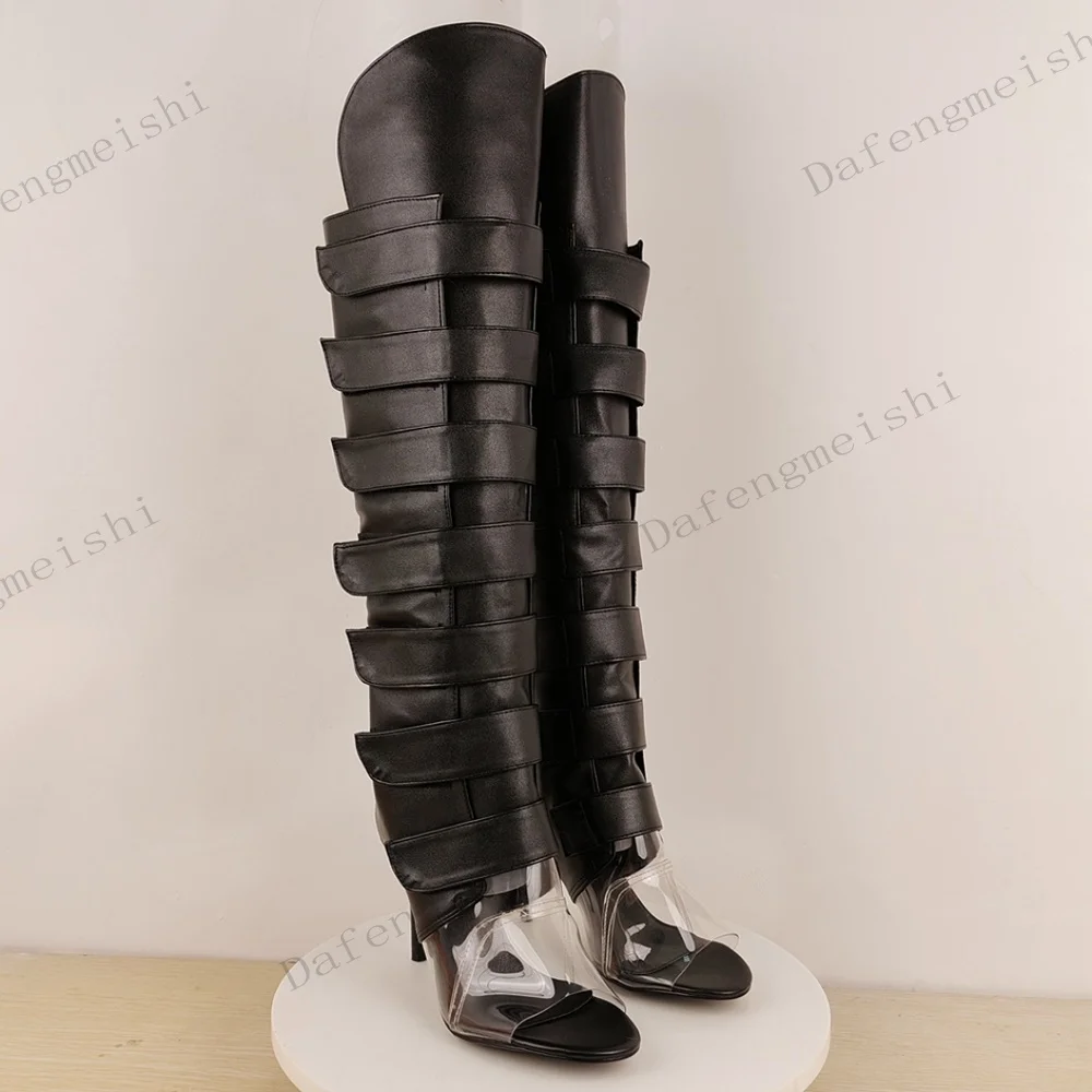 Women Black Matte Leather Transparent Pvc Boots Open Toe Stiletto High Heel Multiple Straps Knee High Summer Party Fashion Boots