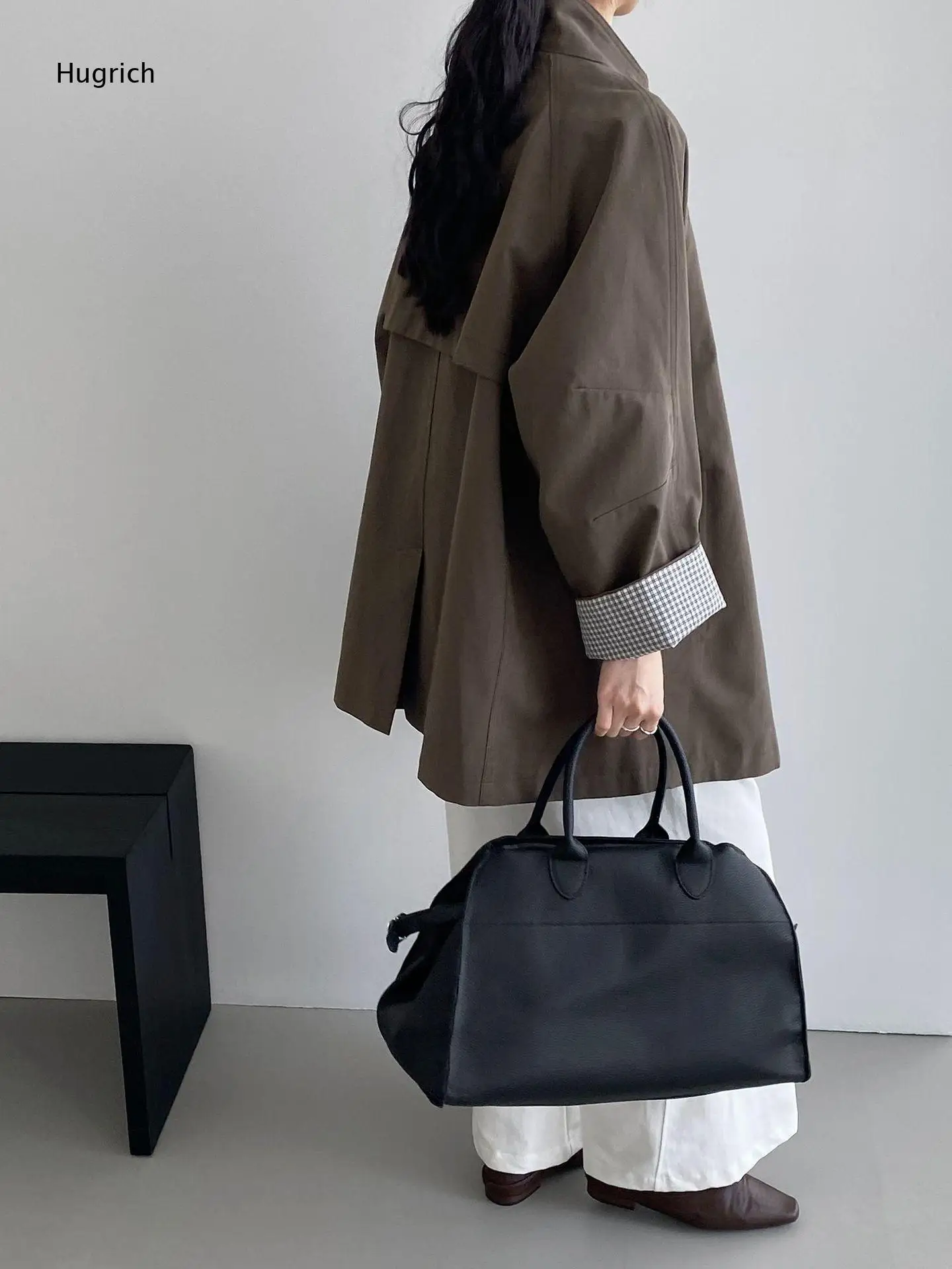 

Stand Collar Wrap Style Short Windbreaker Roll Up Cuff Side Pocket Adjustable Waist Belt Casual Loose Fit Trench Jacket