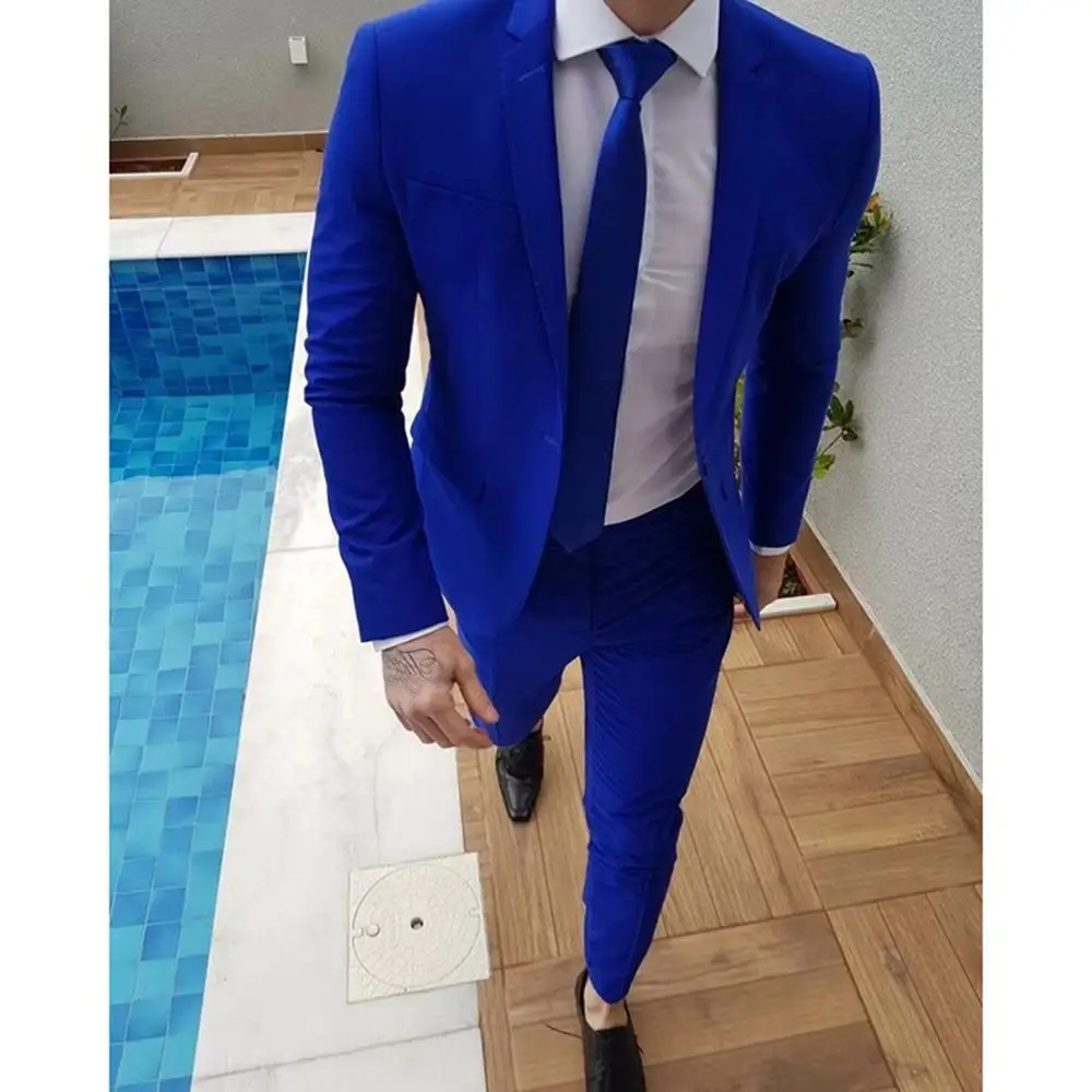 New Arrival Royal Blue Prom Suits for Men Groom Tuxedo Latest Coat Pants Designs Mens Wedding Slim Fit Suit Male (Jacket+Pants)