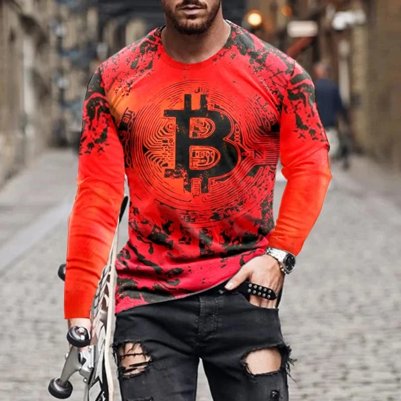 New Tide Bitcoin (Bitcoin) Pattern European Size long Sleeved T-shirt For Men's Casual Autumn Trend Top Round Neck Tee