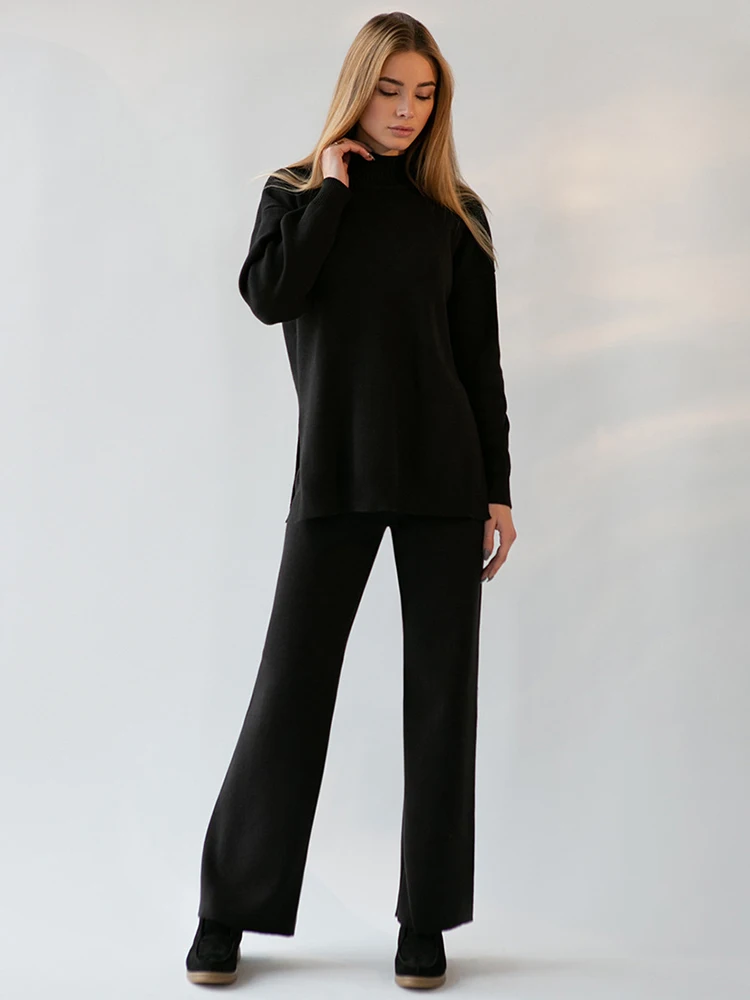 DEAT Fashion Women's 2 Pcs Set Turtleneck Loose Side Slit Sweater High Waist Straight Pant Knitted Suit Autumn 2025 New 7AB5375