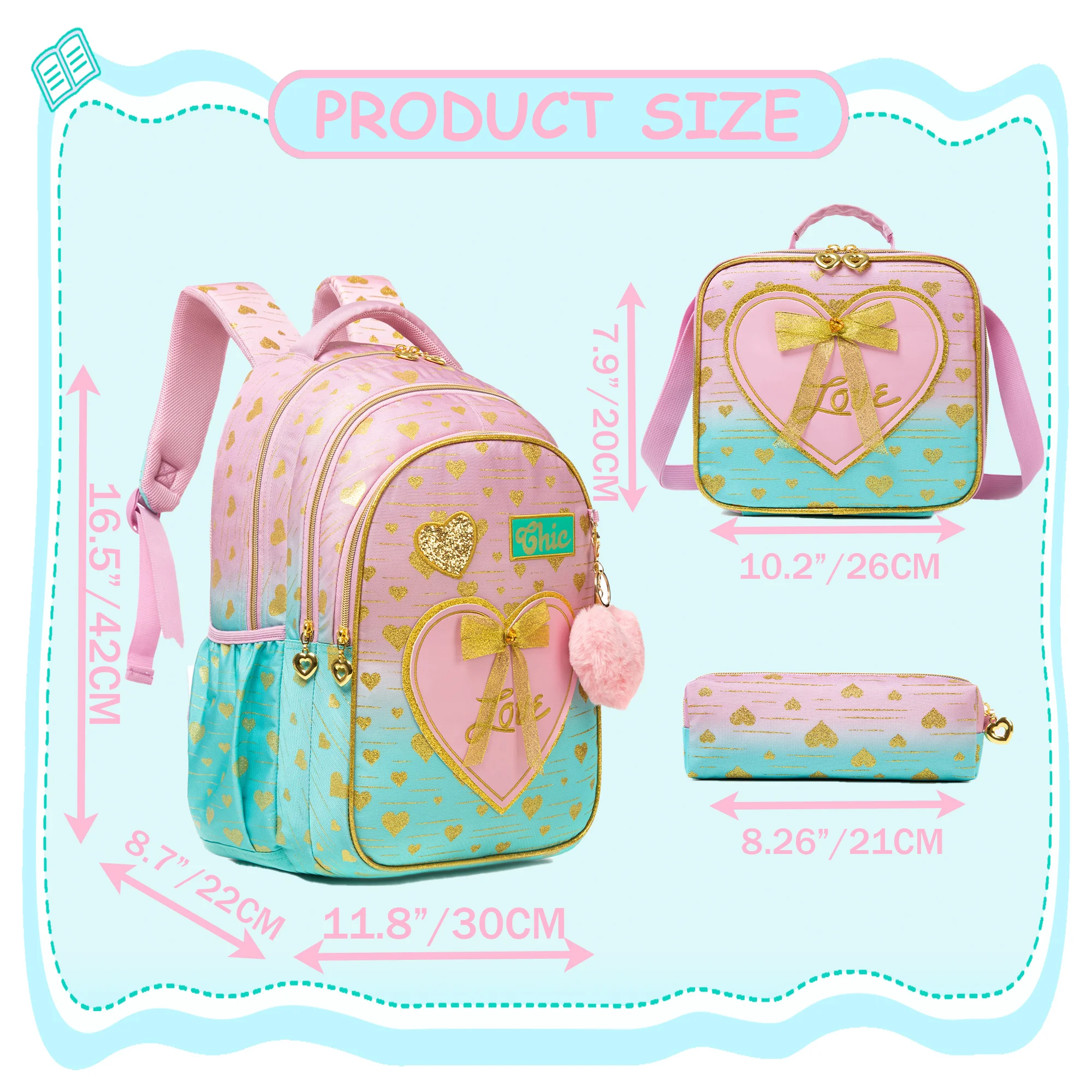 Girls Canvas Backpack Set with Lunch Box, School Laptop Bookbag for Elementary Students