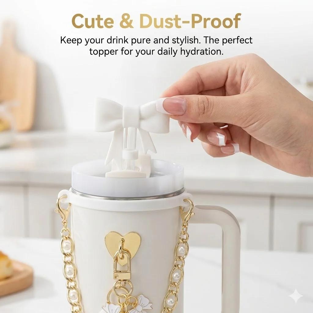 8pcs White Bow & Pearl Charm Accessories Set for Stanley 30oz 40oz Tumbler Cup Coquette Aesthetic Straw Cover Cap for Gift