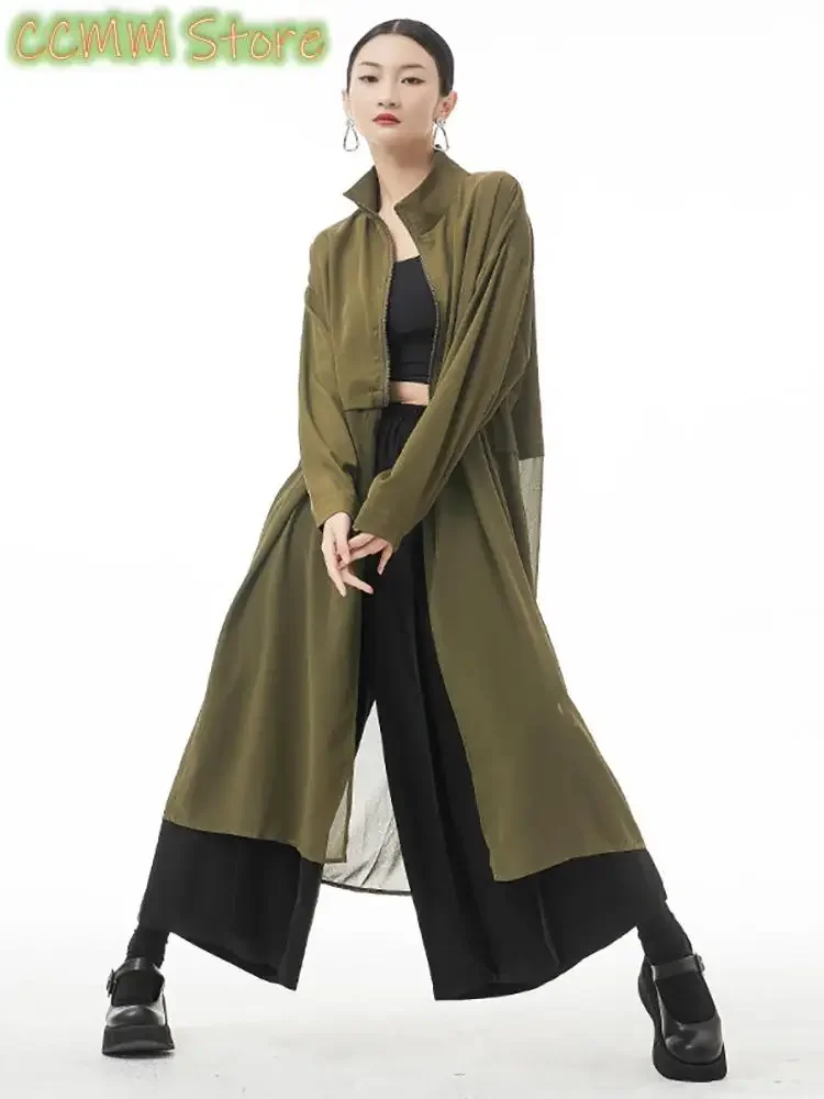 Women Army Green Big Size Mesh Long Trench New Stand Collar Long Sleeve Windbreaker Fashion Spring Autumn