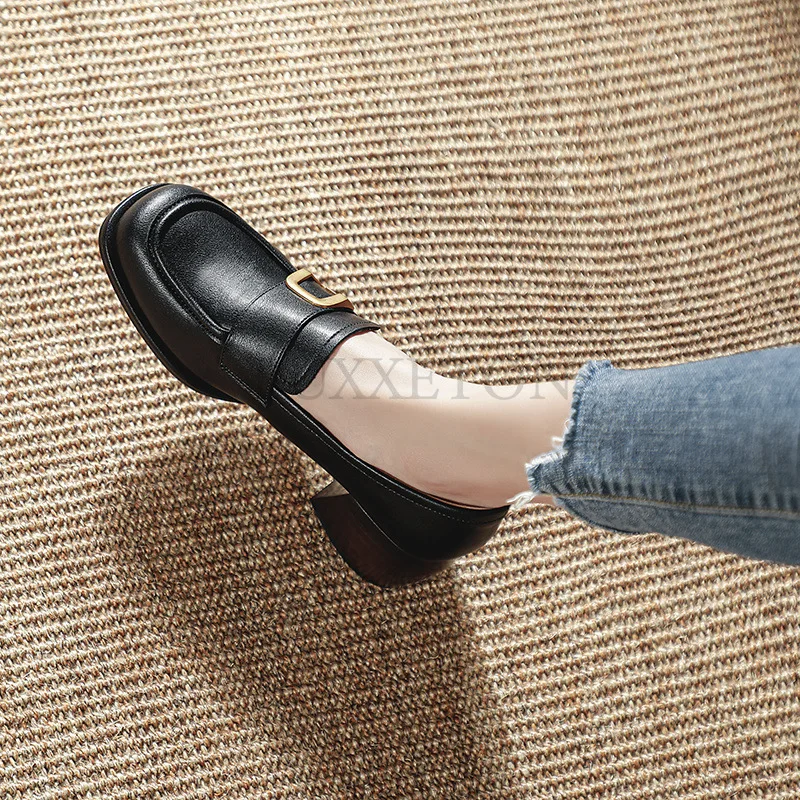 Shoes Female Heels Women British Style New Thick-soled College Style Casual Loafers Black Leather Fashion Shoes Girls Heels