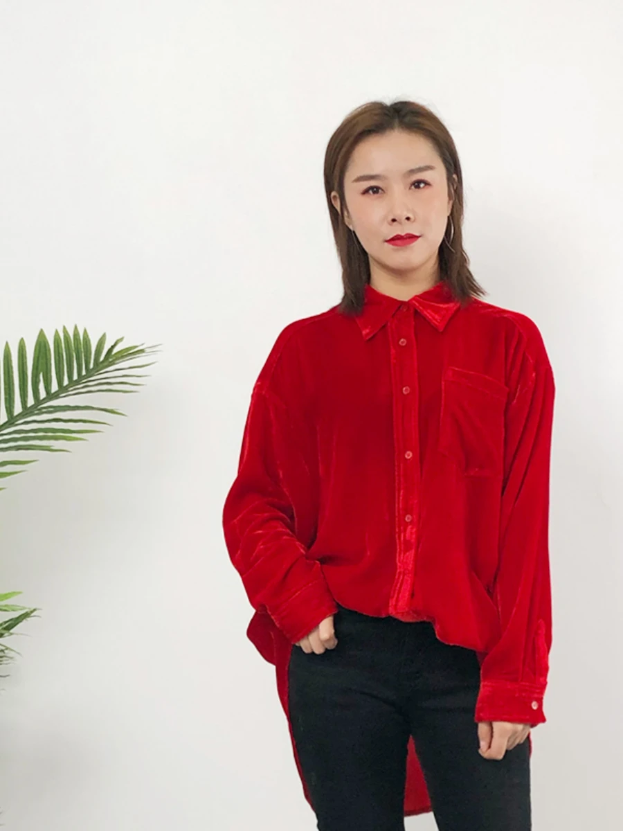 Fashion Simple Red Mid-Length Velvet Shirt Women 2023 Autumn Winter Western Style All-Matching Loose Long Sleeve Blouse Camisas