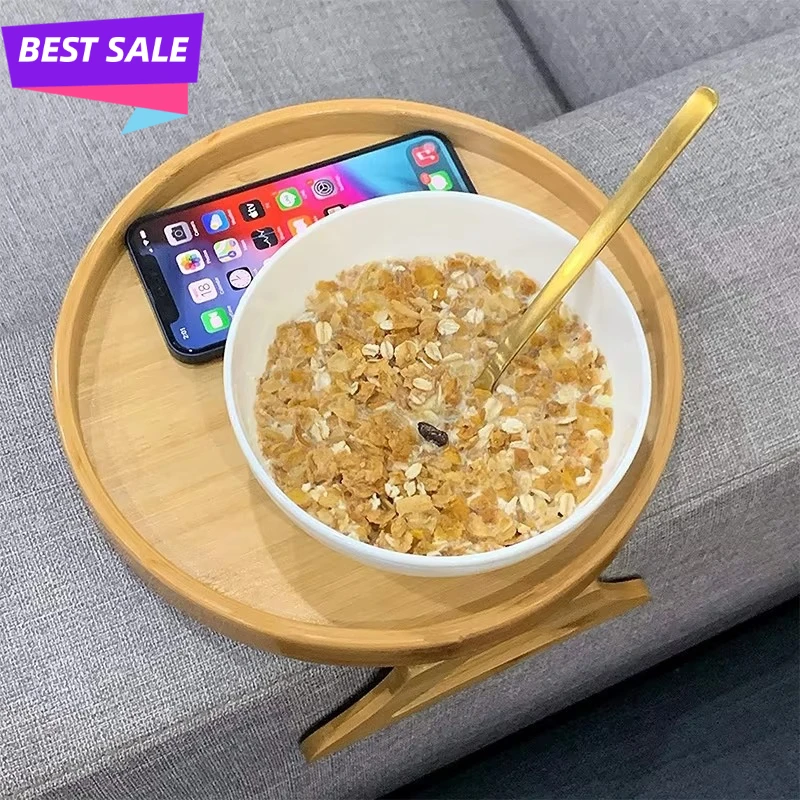 Natural Wooden Sofa Armrest Clip On Tray Table Multifunctional Snack Holder For Remote Coffee Drinks Living Room Storage