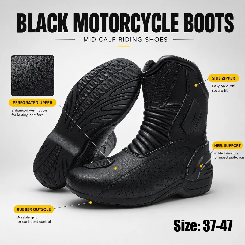 

Black Motorcycle Boots Men Leather Anti-Slip Sole Urban Commuter Riding Shoes Casual Breathable Biker Footwear