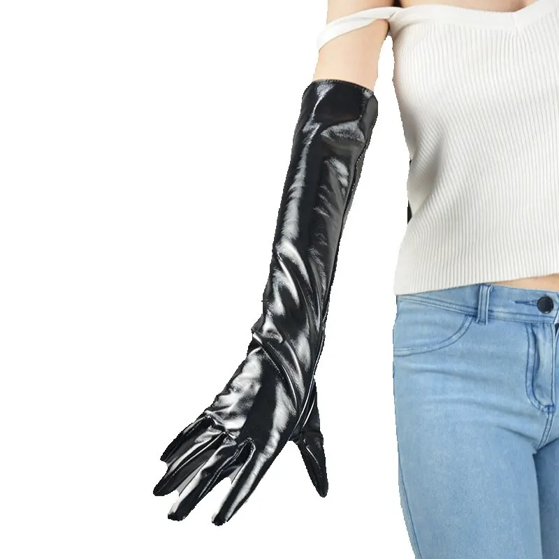 

50cm Long Leather Gloves Female Faux Sheepskin Leather Shiny Black Sexy Women PU Gloves Party Nightclub Cosplay HPU02